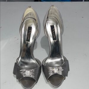 Nina Metallic Silver Heels with Rhinestone Bow